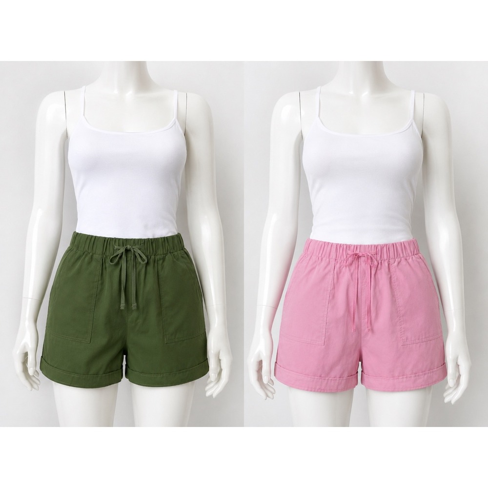 2 Pack Women Drawstring Elastic Waist Shorts Olive Green Pink Cuffed Hem Large